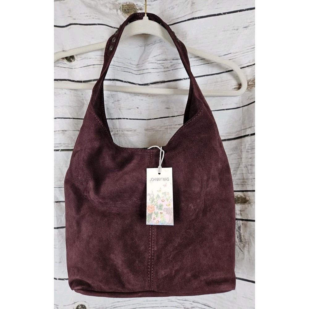 Johnny Was Italian Leather Suede Slouch Bag NWT Amarone Burgundy Studded Hobo